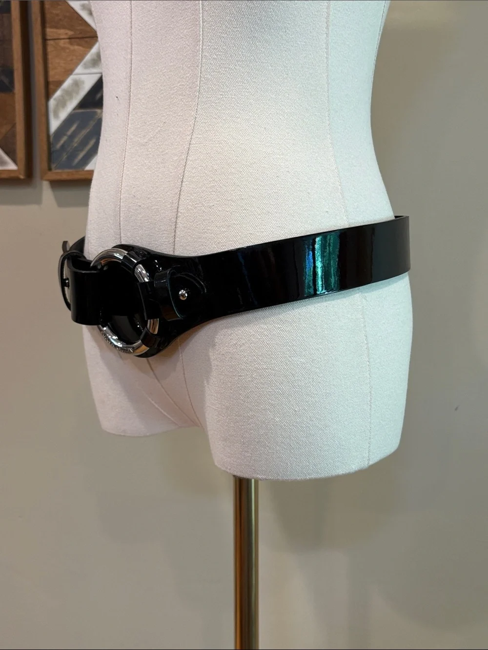Vintage Ralph Lauren Equestrian Black Patent Leather Wide O-Ring Belt size Large